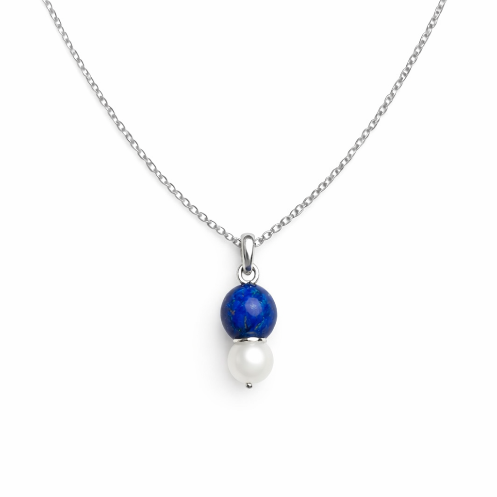 Lapis lazuli and pearl pendant on a fine silver chain